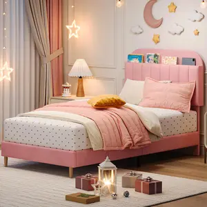 Garvee Twin XL Bed Frame with Upholstered Platform and Bookcase Headboard, Wooden Slats Support, No Box Spring Needed, Twin XL Size Bed Frame in Pink for Teens
