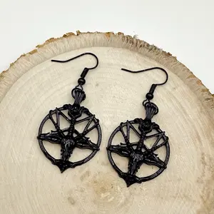 Baphomet pentagram earrings | Goth Lucifer alt jewelry | Witchy goat horns skull earrings | Skeleton creepy jewelry | Edgy Emo