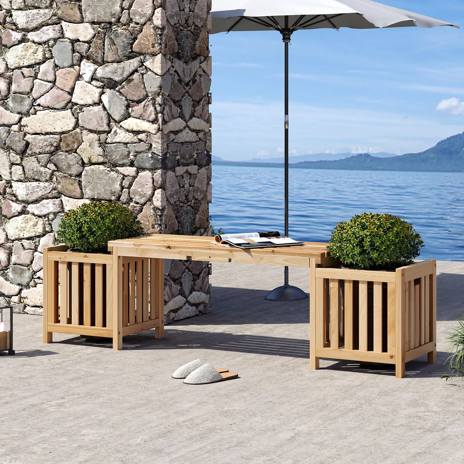 COSTWAY - Patio Wooden Bench with Planter 2 Person Patio Bench-Natural