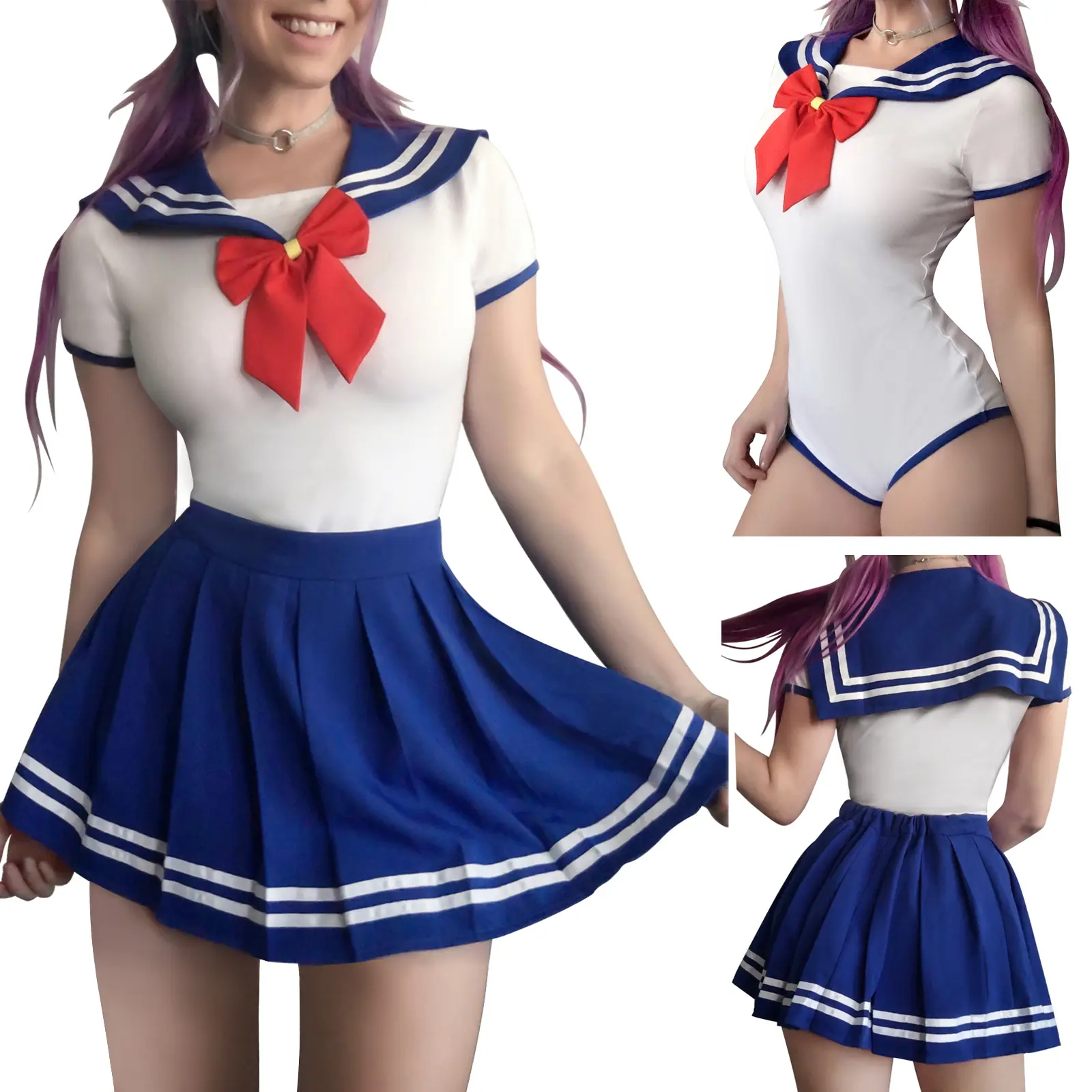 Women's Cotton Romper Sexy Anime Cosplay Japanese School Girl Costume Onesie Pajamas Bodysuit Cosplay Magical Girls Sailor Dress Uniform Onesie Skirt Set