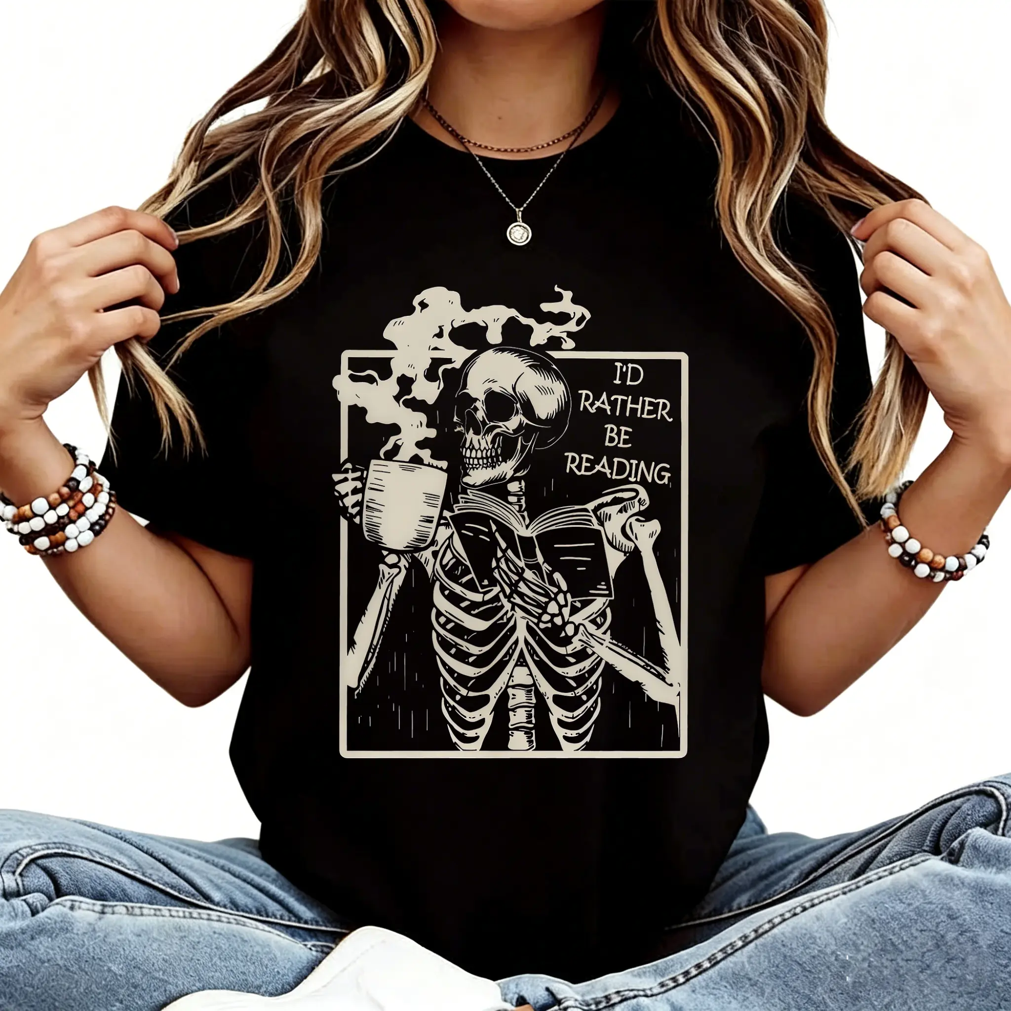 I'd rather be reading shirt, Bookish Shirt, Funny Reader Book Addict, Book Lover, Bookish Gift For Her, Bookish skeleton shirt, book club Apparel Cotton