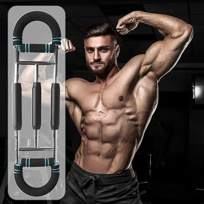 U-Shaped Resistance Training Bar - Leather-Wrapped Casing, Detachable Steel Chest Expander with 3-Level Adjustable Strength, Ergo Grips for Full Body Home Gym Workouts, Ideal for Toned Arms, Abs at Home, Lifting Weights & Body Transformation, Metal Spring