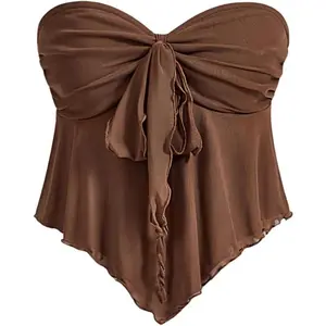 Women's Strapless Tie Front Lettuce Trim Asymmetrical Flare Boho Tube Top Ruffle Hem Tank Womenswear babydoll tops tank tops crop tops Cami Basic Brown Solid Minimalist tank tops tubetops weighted vests women