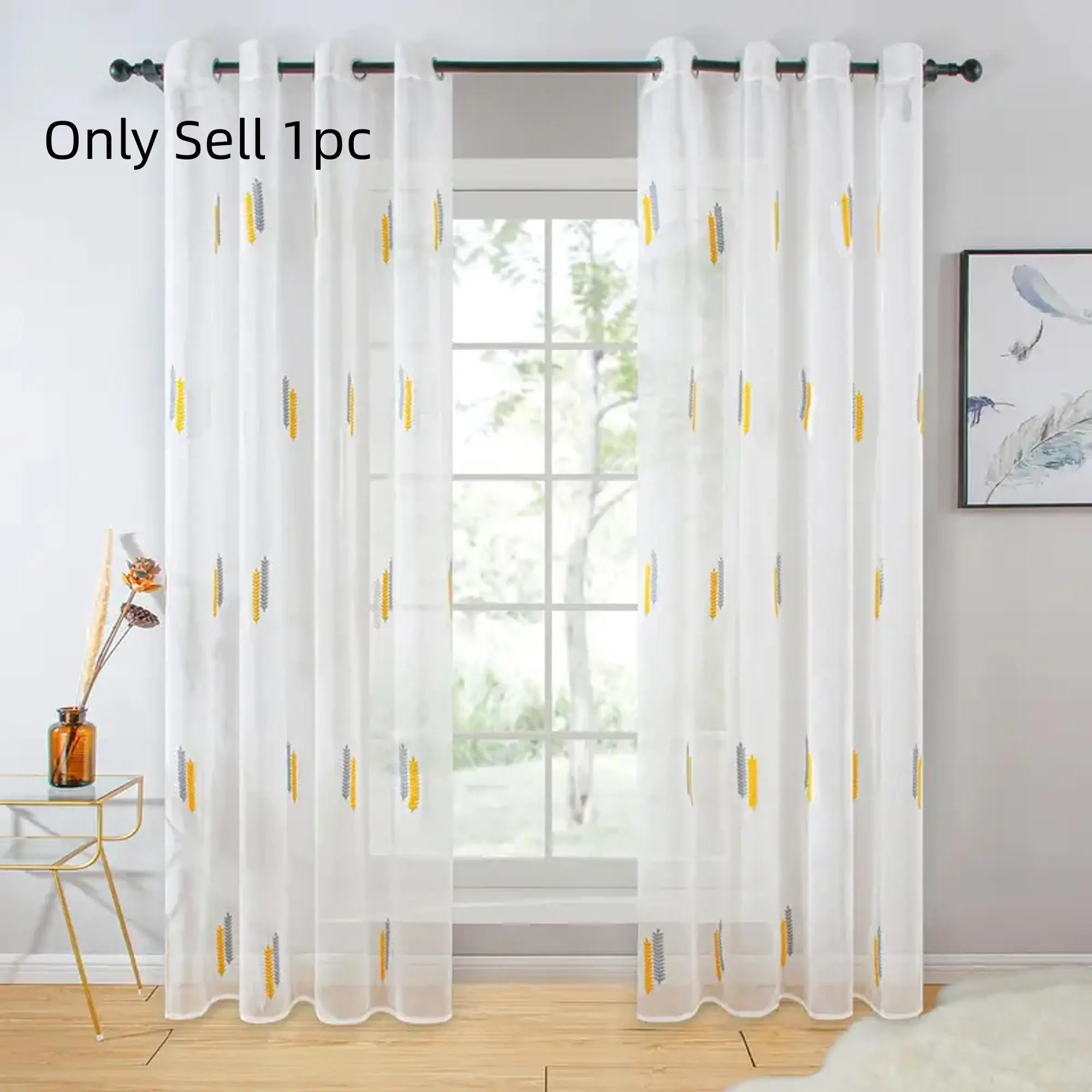 1pc Elegant Wheat Field Embroidered Window Curtain, Breathable Lace Drapes for Bedroom Office Kitchen Living Room Study Home Decor Embroidered Curtains