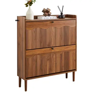 Giratree Wooden Fluted Shoe Cabinet with 2/3/4 Flip Drawers, Stylish Narrow Shoe Storage Organizer with Wave Design, Freestanding Entryway Shoe Rack for Hallway, Living Room