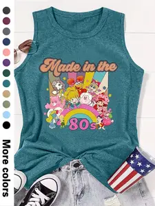 Fashionable Women's Cartoon Letter Print Round Neck Sleeveless Vest, Comfortable Knit Fabric, Summer Fitted Style, Available in 12 Colors