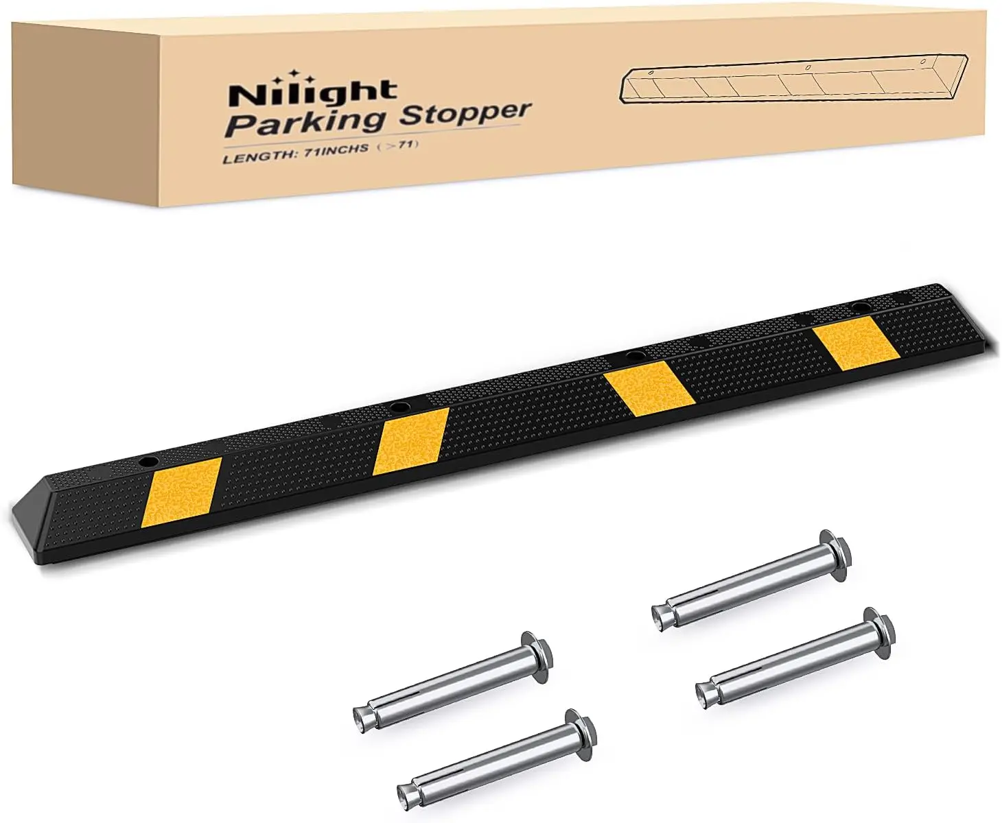 Nilight 72-Inch Heavy-Duty Rubber Parking Curb, Automotive Car Stopper Parking Aid with Reflective Sticker, Bolted Install Wheel Safety Tool for Trucks, Driveways, Warehouses, 1-Pack (71.3" x 5.9" x 3.9"), Truck, Car Accessories