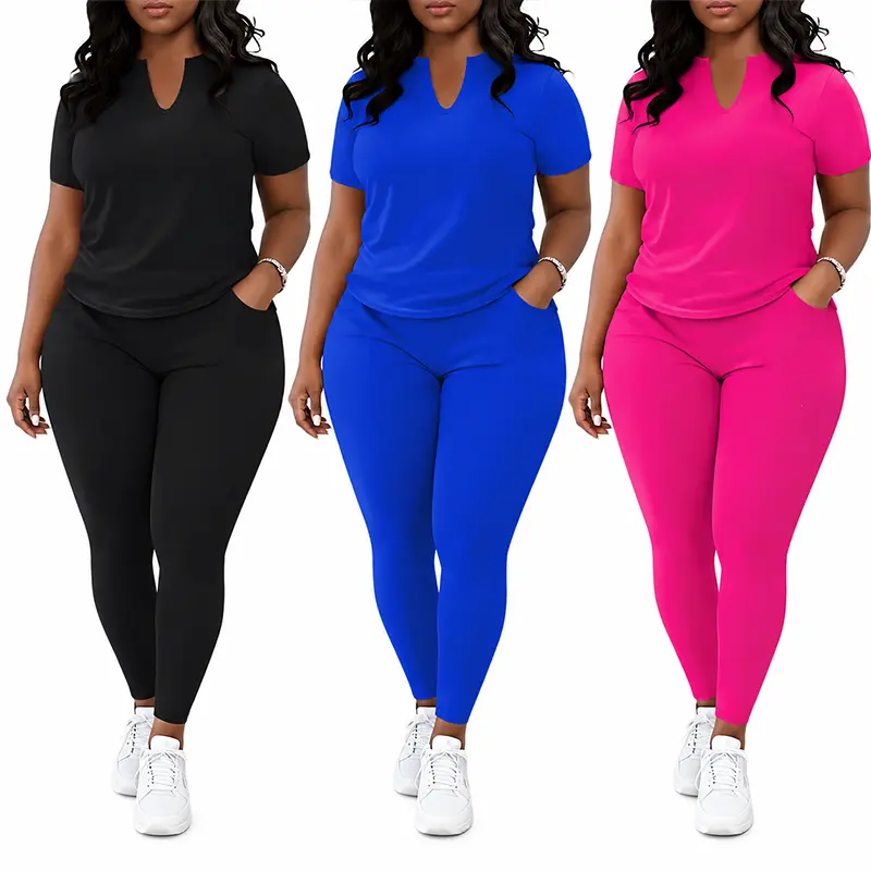 Women’s plus-size 2-piece sporty outfits, soft stretchy polyester–spandex blend activewear set with a round-neck T-shirt and long pants with an elastic waistband, relaxed fit thermal-lined workout gym clothing for summer lounging, training clothes, 2-piec