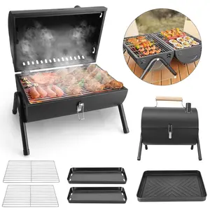 Small Portable Indoor/Outdoor Grill for Frying and Barbecuing, Mini Black Tabletop Outdoor BBQ Smoker, Suitable for Camping, Picnic, Backyard, Patio barbecue