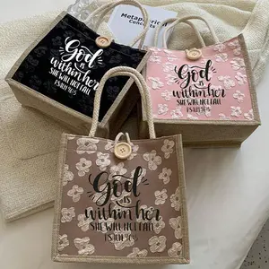 Simple patterned Christian print linen tote bag, the perfect gift to express your faith. Features button decoration, double handles, and is reusable. Suitable for weddings, birthdays, beach trips, holidays, and more. Handmade Tote Bag