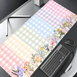 Pastel Checkered Rainbow Floral Large Gaming Mouse Pad,Aesthetic Desktop Drotection Pad,Washable Rubber Pad Non-Slip Lock Edge Multi-Size Mouse Pad Suitable For Home Office,Good Gift for Family and friends
