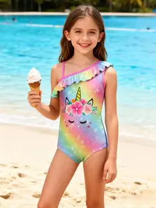 Unicorn Cartoon Rainbow Print Halter Swimsuit, Girls' Fashion Swimwear, Spring Summer 2026 New Arrival, Essential Swimming Suit