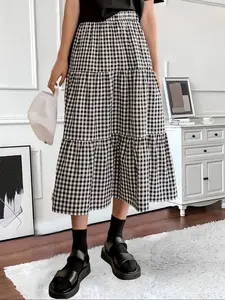 Versatile black and white checkered layered mid-length skirt - high-waisted ruffled A-line skirt, suitable for women's elegant daily casual wear
