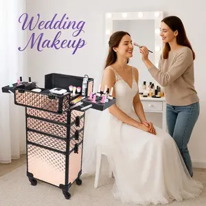 Rolling Makeup Train Case Large Storage Cosmetic Trolley 4 In 1 Large Capacity Trolley Makeup Travel Case Salon Barber Case Traveling Cart Trunk Black Christmas Gift For Lover Her Girlfriend Mother Women Wife