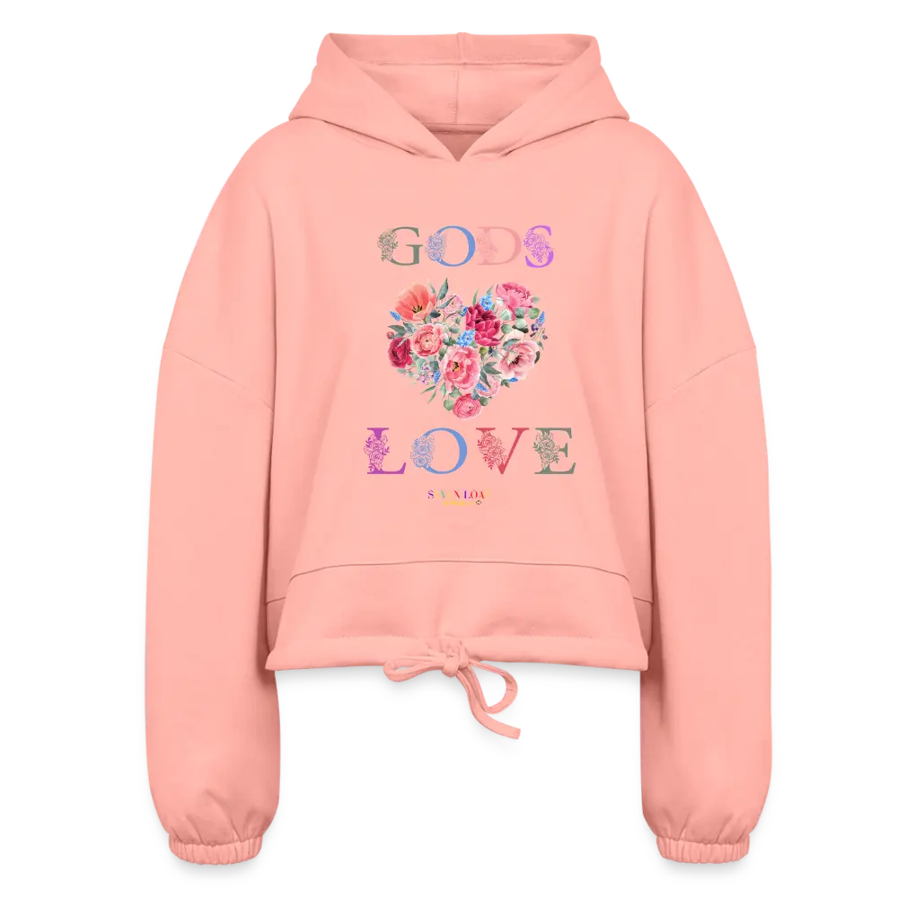 Women's "Divine Love Blossom" Cropped Drawstring Hoodie - Pullover, Oversized Fit Option, Soft Premium Fabric, Casual Floral Heart Design, Versatile for Jeans/Sweatpants, Colorful Tops Sweatshirts, Printed, Pullover Hoodie