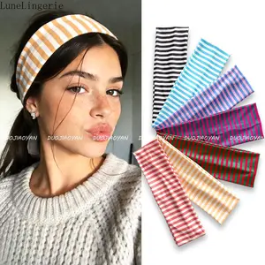 LuneLingerie 6PCS Colorful Stripe Print Wide Headbands, Elastic Non Slip Fabric Hair Bands, Retro Striped Turban Head Wraps for Women