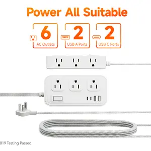 6-Outlet Surge Protector: 4 USB (2 USB-C), 5ft Flat Braided Cord - Compact for Home/Office/Dorm/Travel outdoorfun Multiple Sockets Usb Multi Plug Us Power Plug Usb Plug In