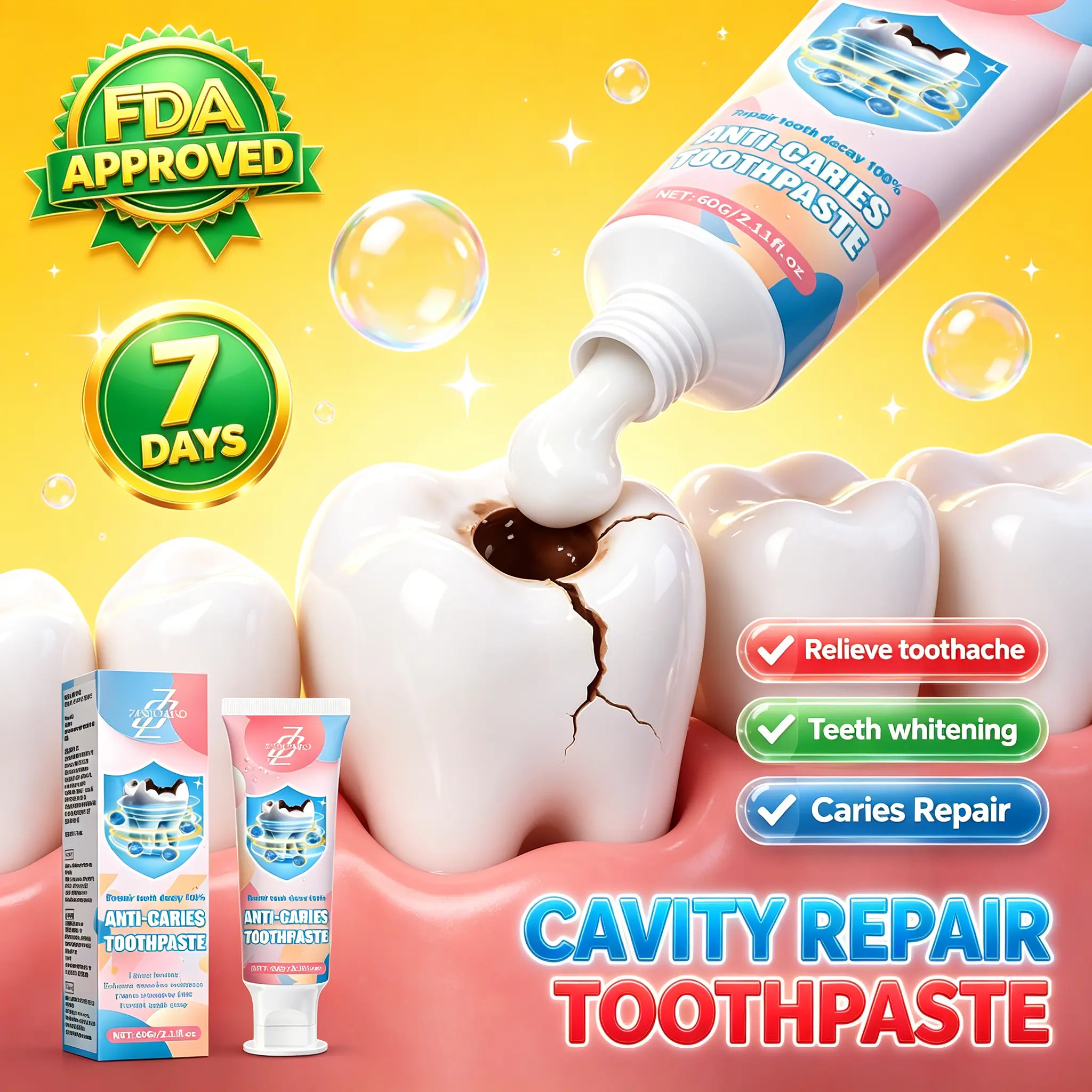 Cavity-Repairing Toothpaste — FDA Certified: Repairs cavities, revitalizes enamel, removes plaque, relieves toothache, and provides gentle care for teeth.