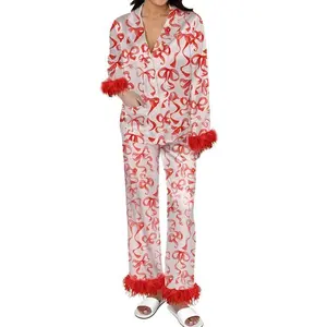 Christmas Santa Pajama Set for Women Satin Silk Fur Trim Long Sleeve Button down Sleepwear 2 Piece Pjs Pants Sets