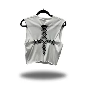 ROAD RASH STITCHED BLACK CROSS WHITE CROP TOP