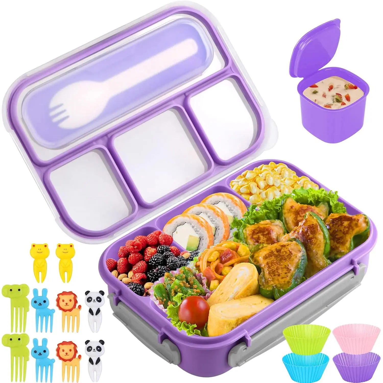 Bento Box, Lunch Box , 1300ML with 4 Compartment& Picks Cake Cups, Containers for Adults//, Leak-Proof, Microwave/Dishwasher/Freezer Safe(Purple)