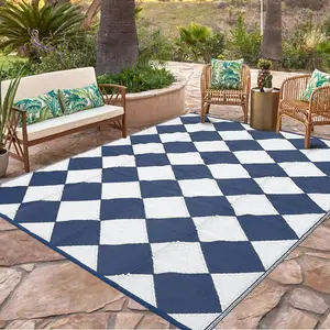 Garvee Outdoor Rug 8x10, Reversible Plastic Straw Mat with Carry Bag, Easy to Clean Checkered Floor Carpet for RV, Patio, Camping, Deck, Picnic(Navy/White)