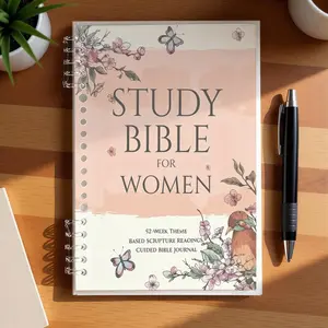 Women's Study Bible Journal, A5 Lined Notebook, 52 - Week Theme - Based Scripture Readings, Floral & Gentle Design with Birds, Butterflies, Pink Flowers, Soft Peach Gradient Background, Structured Study Format, Ideal for Daily Devotion & Reflection