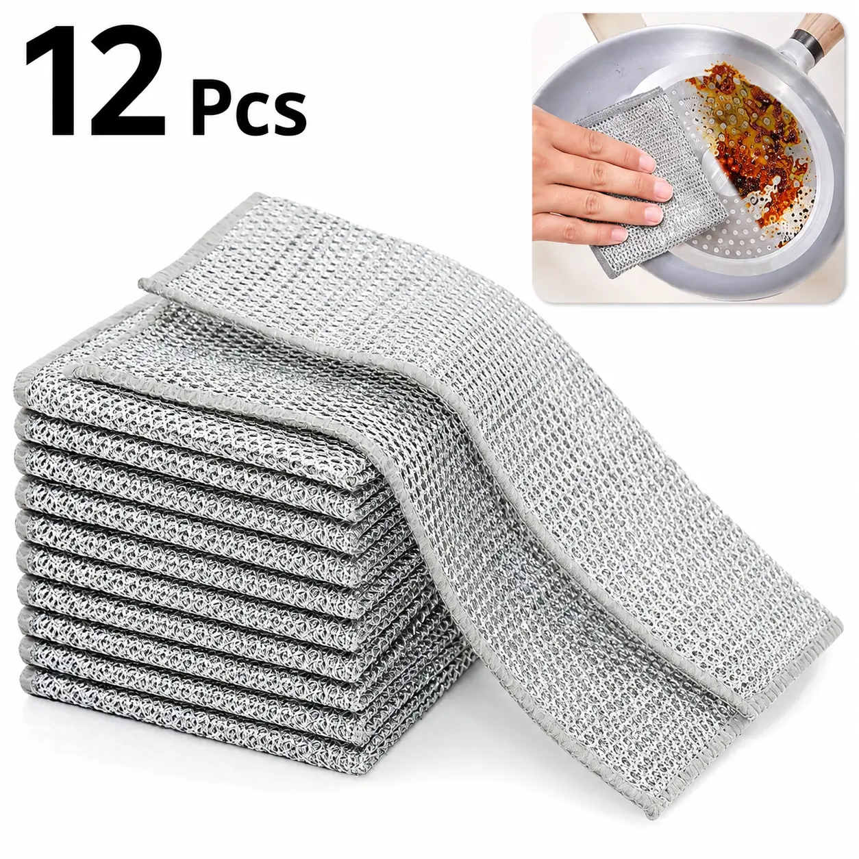 12-Pack Non-Scratch Wire Dishcloths | Dual-Layer Metal Scrubber Cloths | Multipurpose Kitchen Cleaning Pads | Wet & Dry Dishwashing & Cleaning Tools
