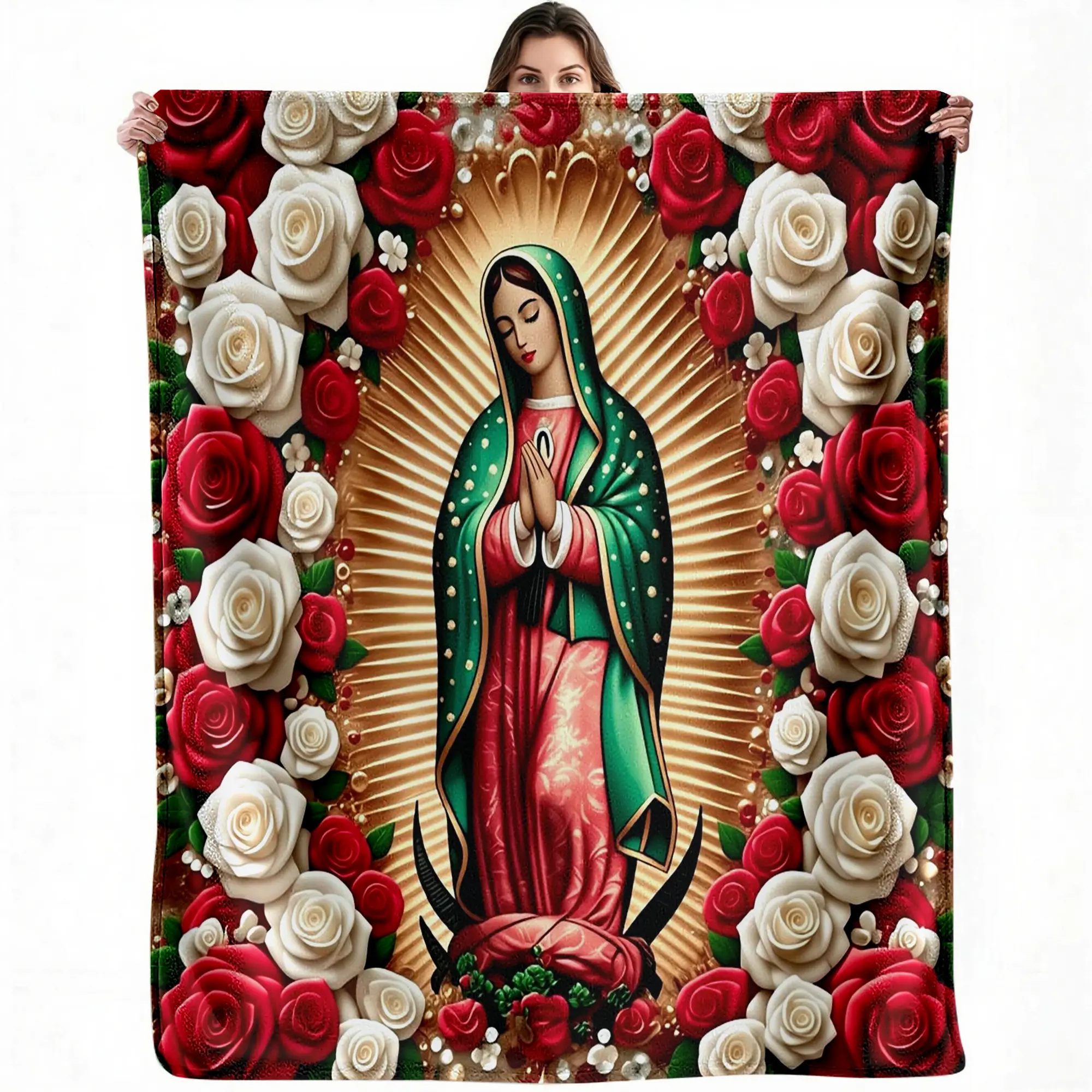 Our Lady of Guadalupe blanket — religious icon with red rose decor design Mary