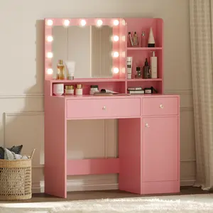 [Summervibes] Vanity Desk with White LED Lighted Mirror 35.4" Makeup Table with Vanity Mirror Light 3 Color Modes Adjustable Brightness 2 Drawers & Open Shelves for Bedroom