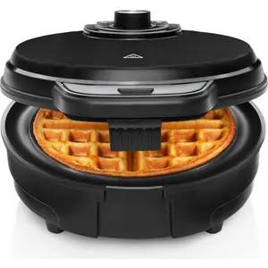 Anti-spill Belgian waffle maker, with gear selector, temperature control, anti-spill cover, round iron body, non-stick coated plate and anti-scald handle, comes with measuring cup, black