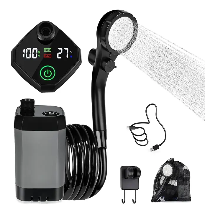 Portable Camping Shower Set with 8 L/min Adjustable Water Pump, Lightweight Kit with Soft Towel - Outdoor Travel Accessories for Pet Cleaning and Garden