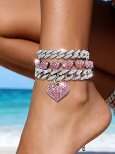 Rhinestone Decorated Heart Charms Design Dainty Layered Anklet, Fashionable Anklet for Women & Girls, Trendy All-match & Exquisite Jewelry for Birthday Gift