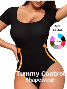 Women's Plain Knit Square Neck Thong Shapewear Bodysuit, Tummy Control & Butt Lifting, All-Seasons Wearable Women's Intimates & Shapewear, Underwear