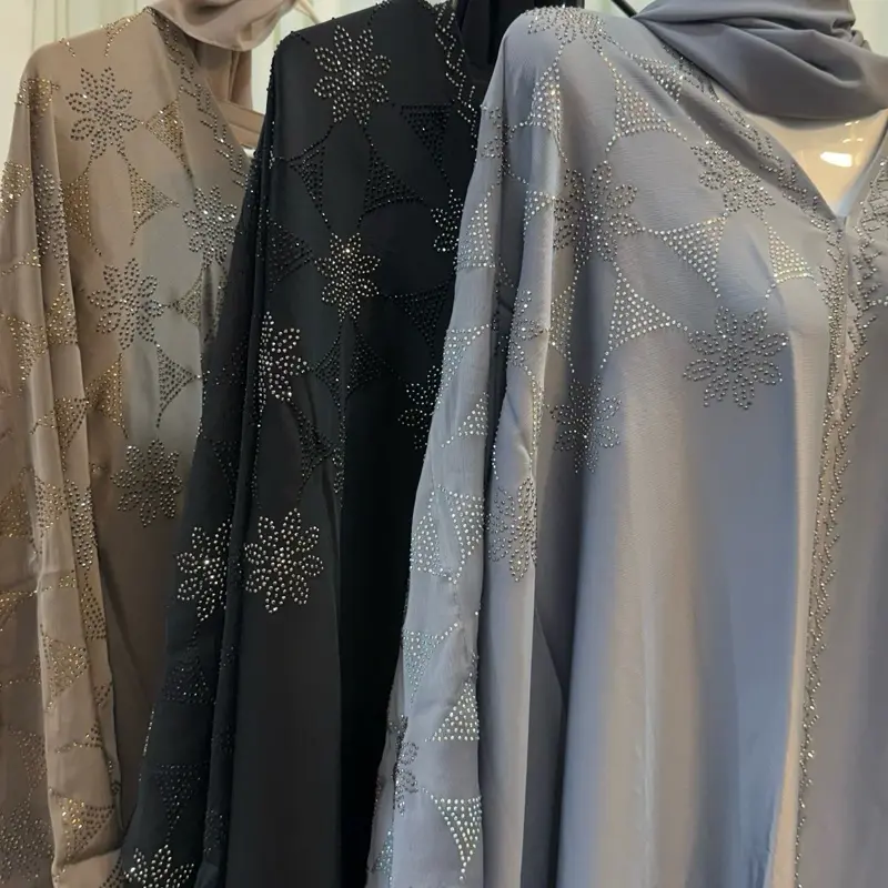 Dubai Original Abaya Two-Piece Set with Chiffon Hijab Featuring Elegant Rhinestone Embellishments