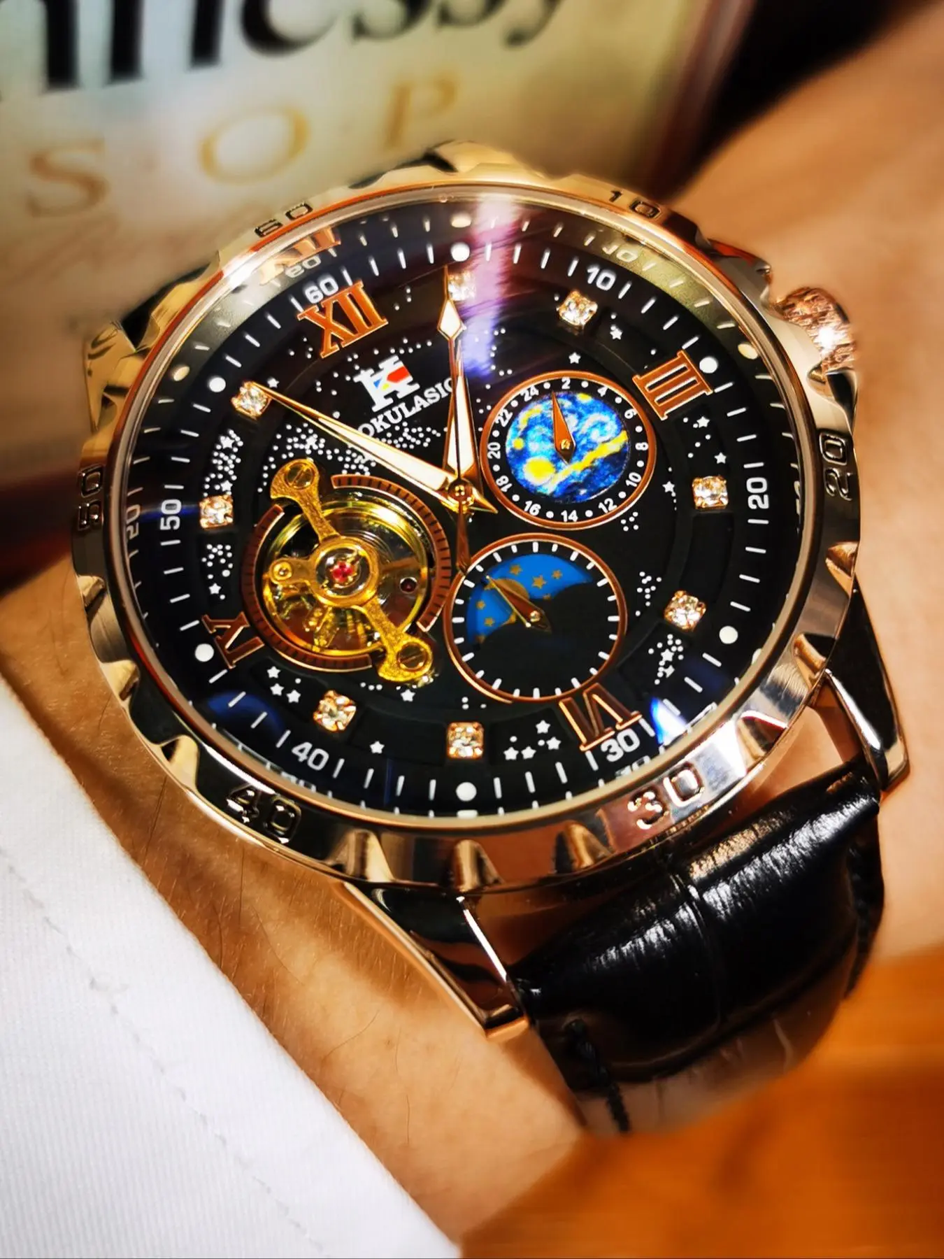 Men's Luxury Mechanical Stainless Steel Rhinestone Embellished Stylish Watch, Rose Case, Moon Phase Display, Glow-In-The-Dark Hands, Dial, Rhinestone Decorations