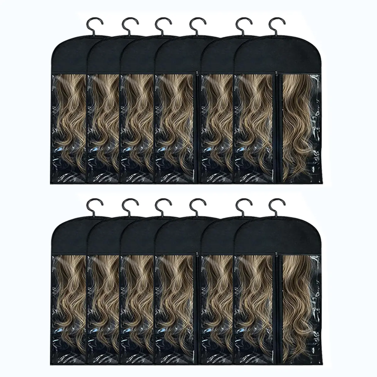 Classic 12/18PCS Hangable Wig Storage Bag Set with Hanger - 23.6in x 11.8in Waterproof Acrylic Organization Pouch Set, Lightweight Travel-Ready Dustproof Hang Pouch for Home & Travel (Home Supplies Dust Cover), 12Pc-Black