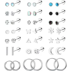 YADOCA 21Pairs Surgical Steel Flat Back Earrings Hypoallergenic 20G Screw Back Nap Stack Cartilage Earring Stacks