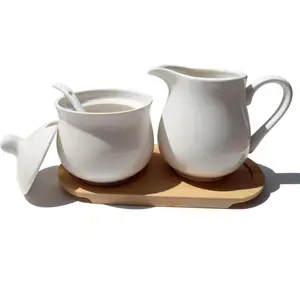 Ceramic Sugar and Creamer Set, Coffee Serving Set, 10 OZ Cream Pitcher and Sugar Bowl with Lid and Spoon,Coffee and Sugar Container set of 2 Farmhouse Coffee Bar Accessories