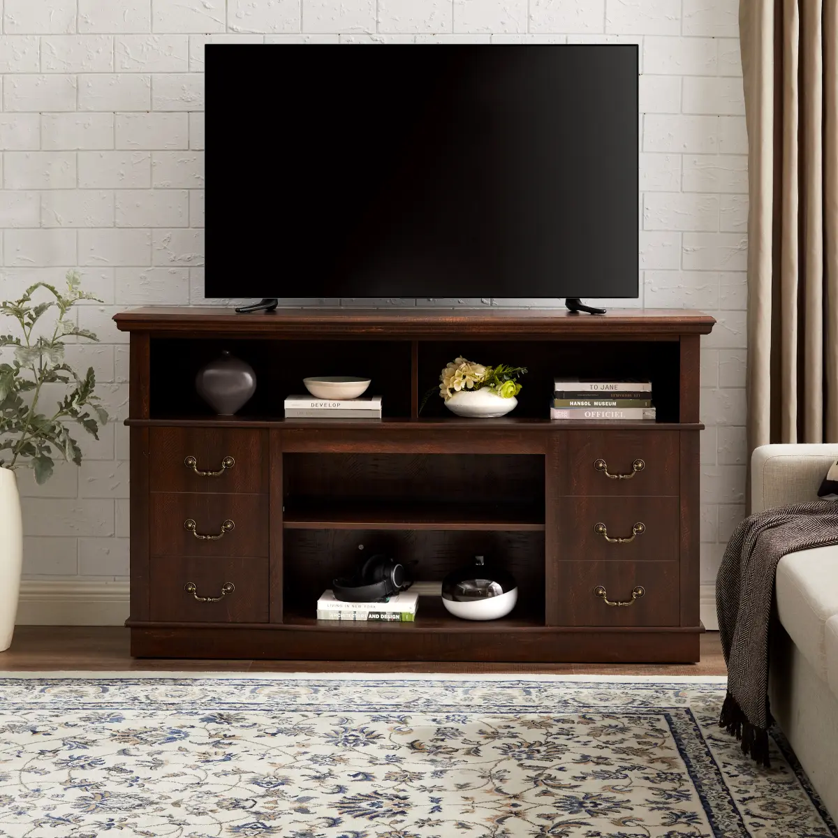[Fahuac] Espresso Modern Mid-Century Freestanding TV Stand - 60in Tabletop MDF/PB Mix Media Console, Supports 65in TV, Farmhouse Entertainment Center with Cable Holes, Storage Cabinets, 150lbs Capacity, Assembly Required Living Room Furniture