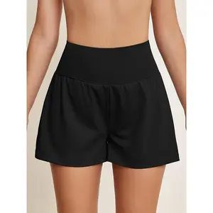 Leisure Sports Yoga Shorts With Two Fake Design, Solid Color, Back Waist Pockets Shorts For Women