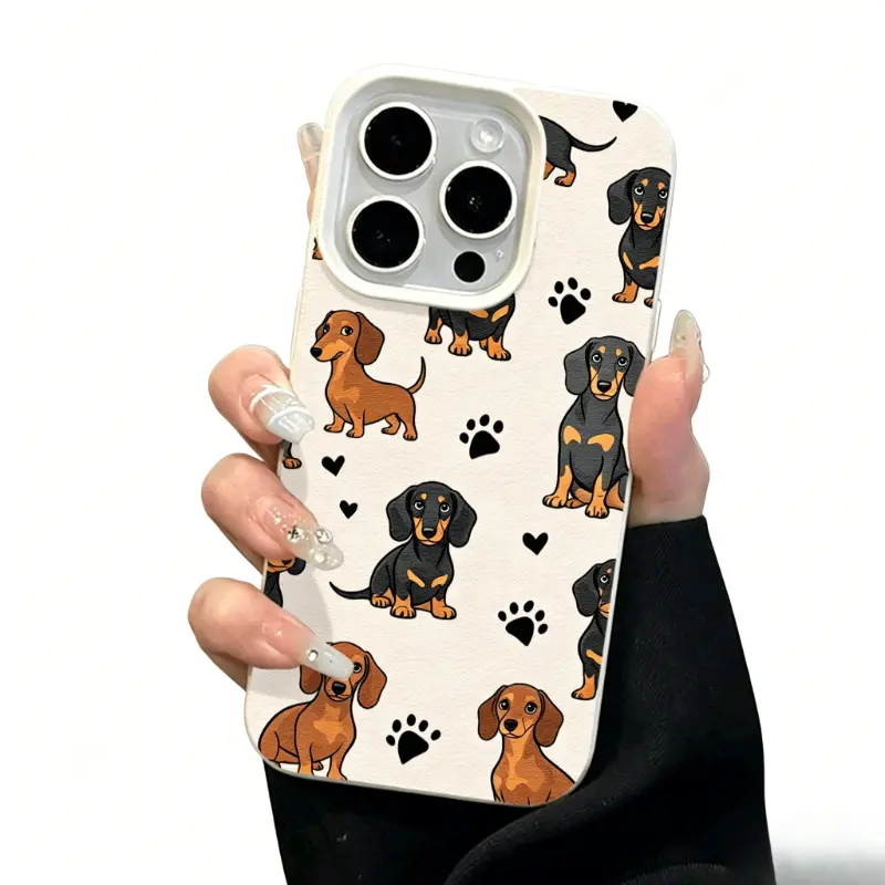 Dachshund Puppy Silhouette Paw Print Heart Phone Case for Phone 17,16,15,14,13,12,11,X Pro Max Plus - Cute Canine Lover Accessory, Drop Protection, Soft TPU Gel Flex Cushion, Anti-Scratch UV Print, Durable Slim Fit, Responsive Buttons
