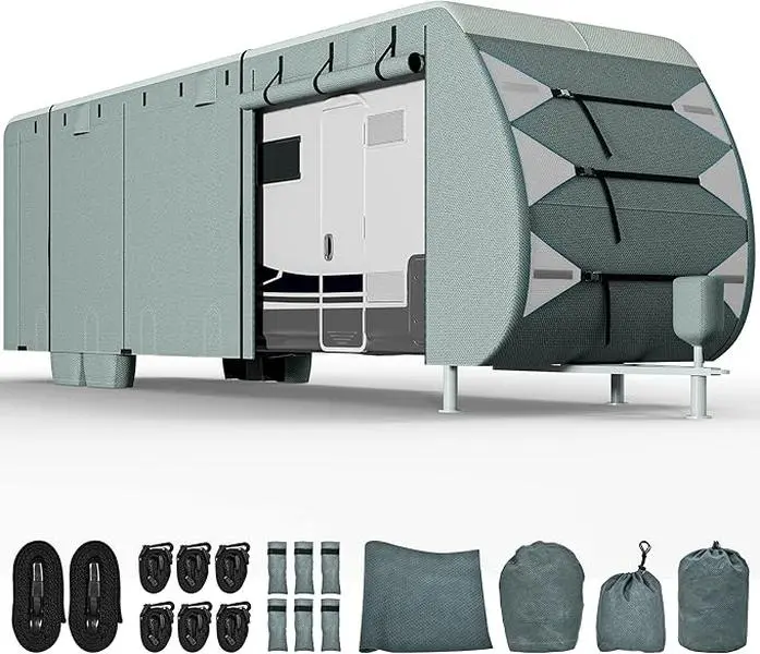 YITAHOME Travel Trailer RV Cover Camper Cover 27-30ft Super Thick Waterproof Windproof Anti-UV Rip-Stop Motorhome Covers with 2 Long Straps 4 Tire Covers Tongue Jack Cover