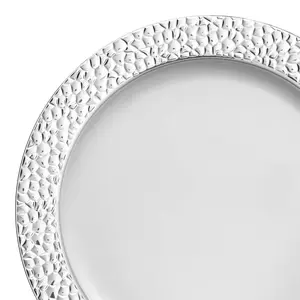 White with Silver Hammered Rim Round Plastic Appetizer/Salad Plates (7.5")