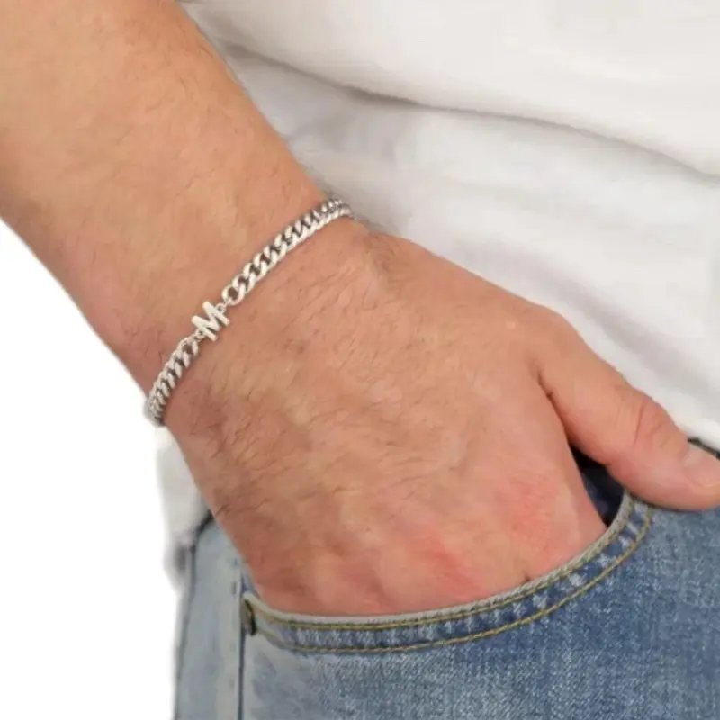 Initial Men's Bracelet in Stainless Steel 7 Inches with 2 Inch Extender for Custom Fit Personalized Initial Design