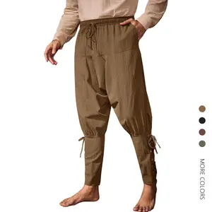 Danedvi Mens Medieval Ankle Banded Pants Renaissance Viking Pirate Navigator Costume Pants Lace Up Cotton Halloween Trousers