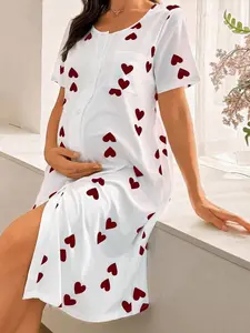Moo Moo Long Knitted Maternity Nightgown With Round Neck Casual Heart Pattern Design White Summer Night Gown