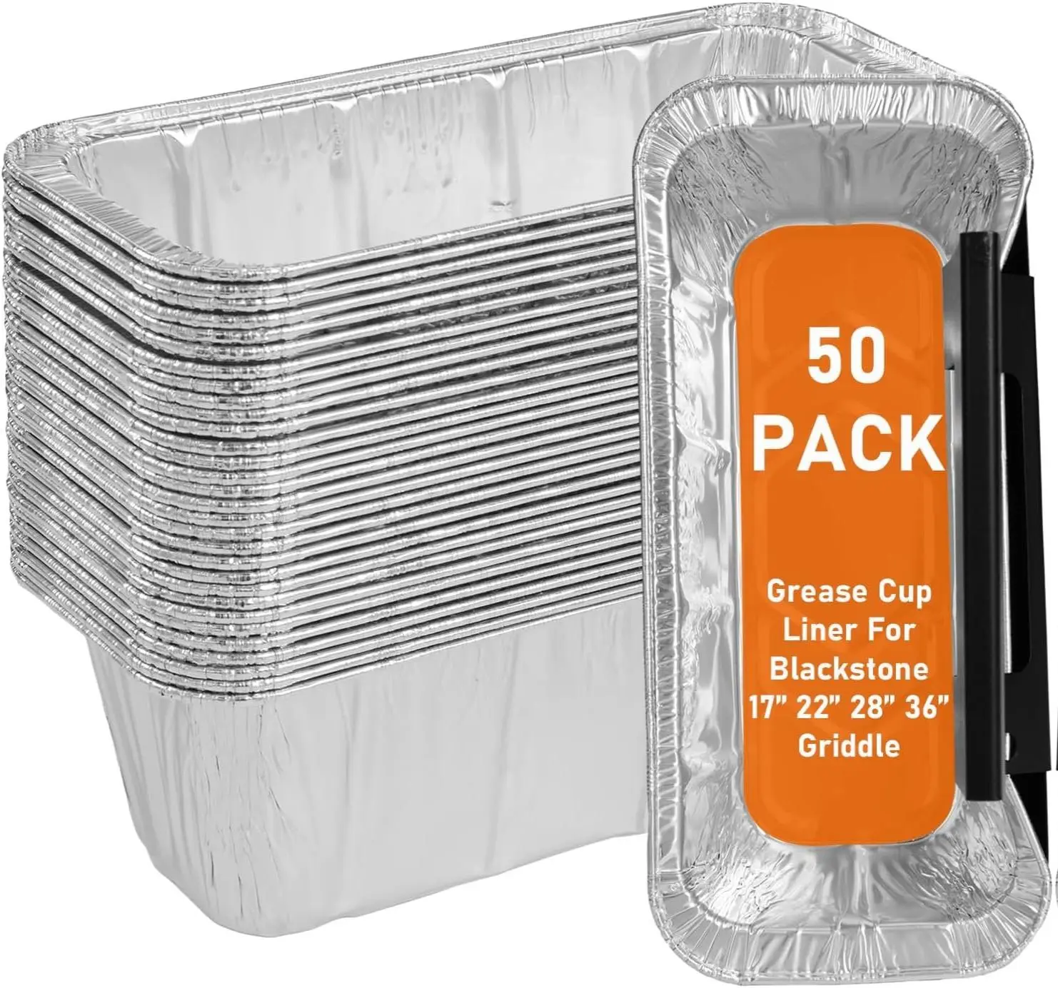 Blackstone 50-Pack 5017 Grease Cup Liners for 17" 22" 28" 36" Griddle Aluminum Foil Drip Pan Grease Catcher Disposable Grill Grease Tray Eco-Friendly Stackable Heavy-Duty Cookware Plate