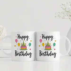 1pc Birthday Party Mug - Happy Birthday Cake & Balloons with Confetti Design - 11oz White Ceramic Coffee Cup with Black Handle - Dishwasher Safe Hot Drink Cup for Birthday, Wedding, Easter, Christmas - Ideal Gift for Women, Men, G