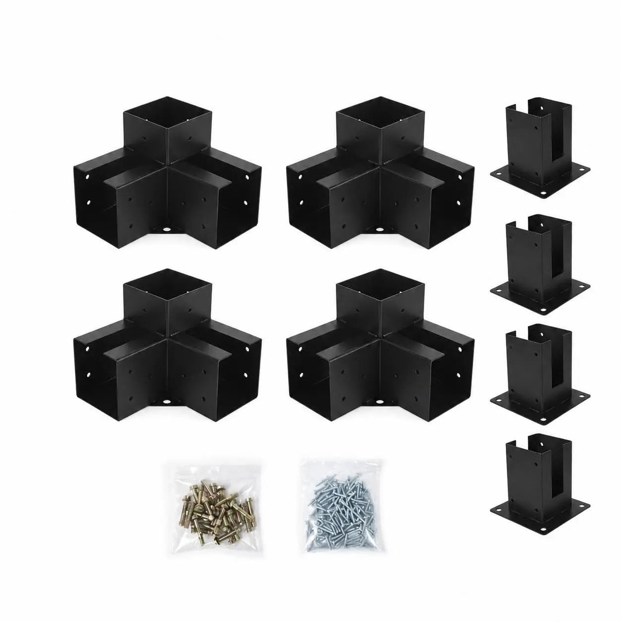 Heavy Duty Square Coated Steel Metal 4x4 Pergola Bracket Hardware Kit, 8 Pieces - 4 3-Way Right Angle Corner Brackets, 4 Wood Bases with Bolts, Fits 3.7x3.7 in Wood for Patio Backyard